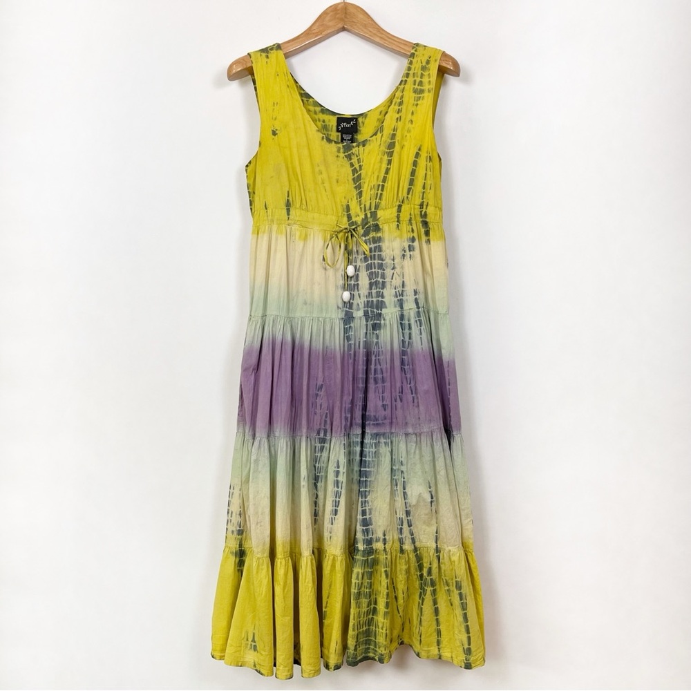 Fiori Yellow and Purple Boho Tie-Dye Tiered Sleeveless Maxi Dress Size Large